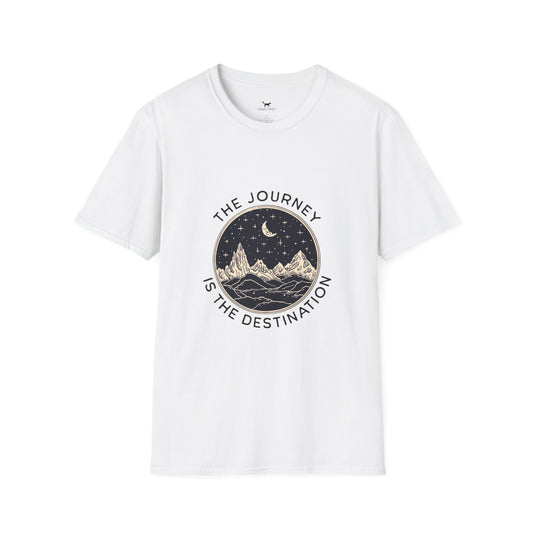 T-shirt featuring the quote 'The Journey is the destination' with a graphic of a mountain and stars.