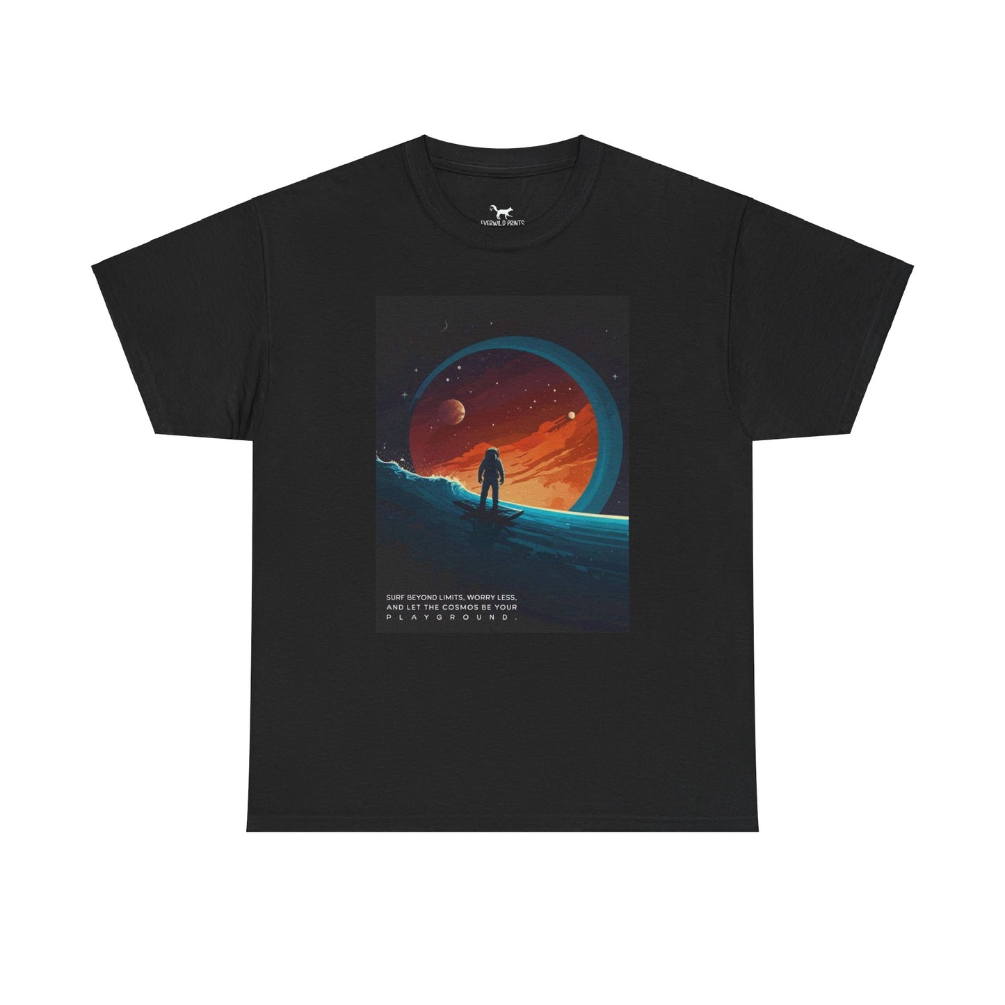 Tee featuring a surfing astronaut against a space view design